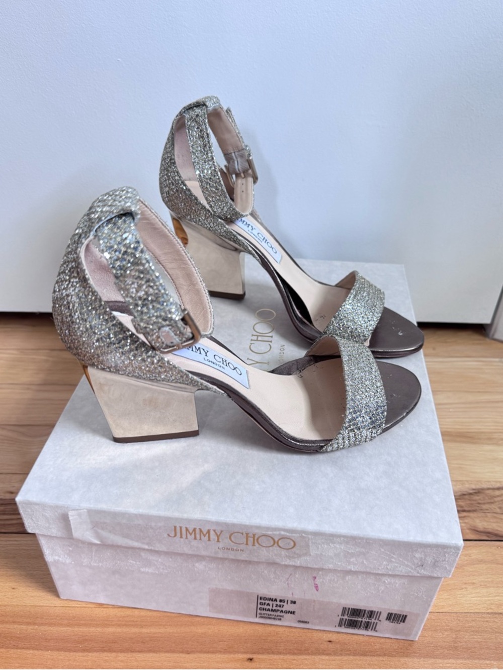 Jimmy Choo Edina 85 mm champagne Metallic Gold Glitter Ankle-Strap Block Heels - Picture 12 of 12
